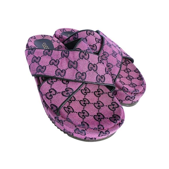 Gucci GG Print Platform Slides Sandals 10.5 Purple Black Luxury Designer Y2K 90s - Picture 3 of 11